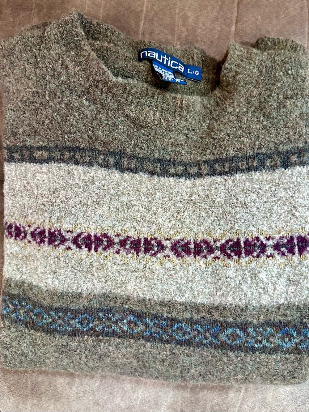 Nautica wool Men's Brown Crewneck Sweater with Patterned Stripes
